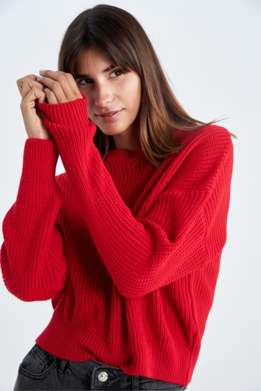 WOMAN Red Relax Fit Crew Neck Thessaloniki Fabric Pullover