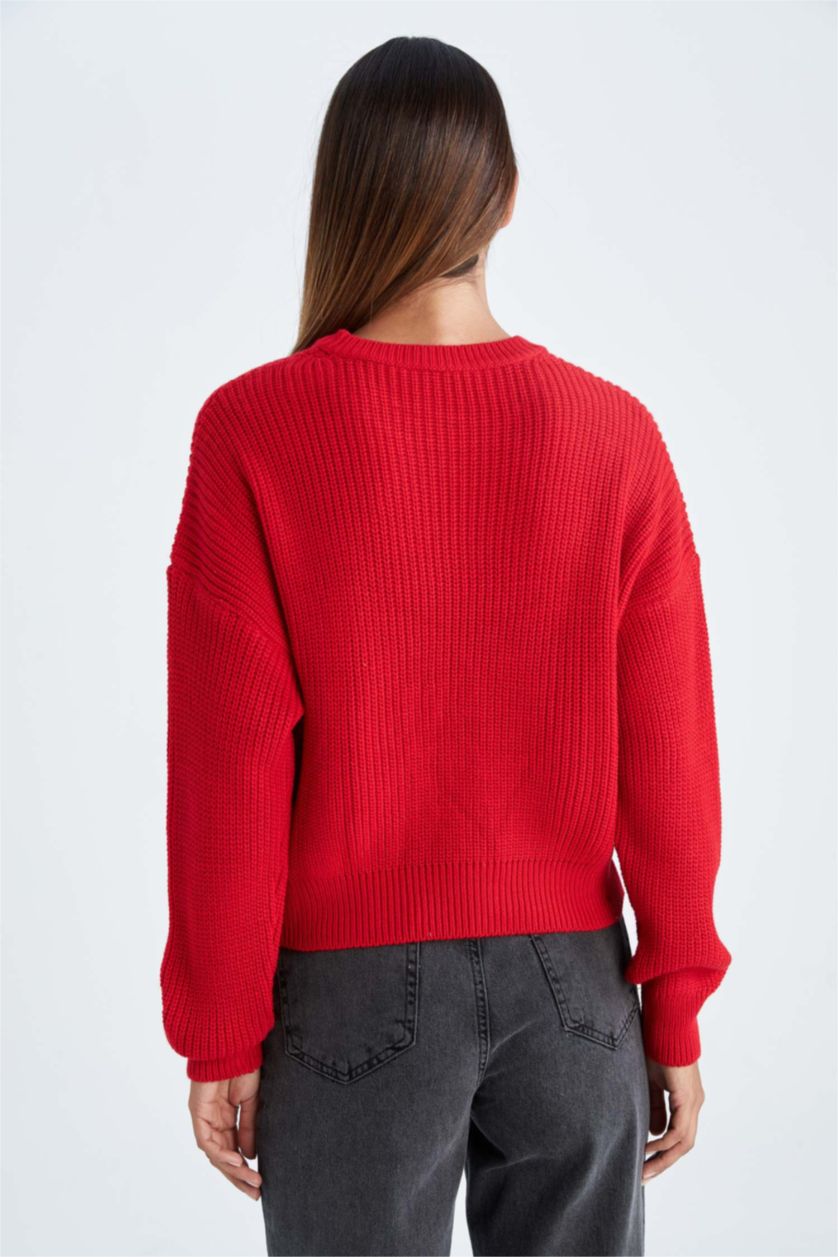 WOMAN Red Relax Fit Crew Neck Thessaloniki Fabric Pullover
