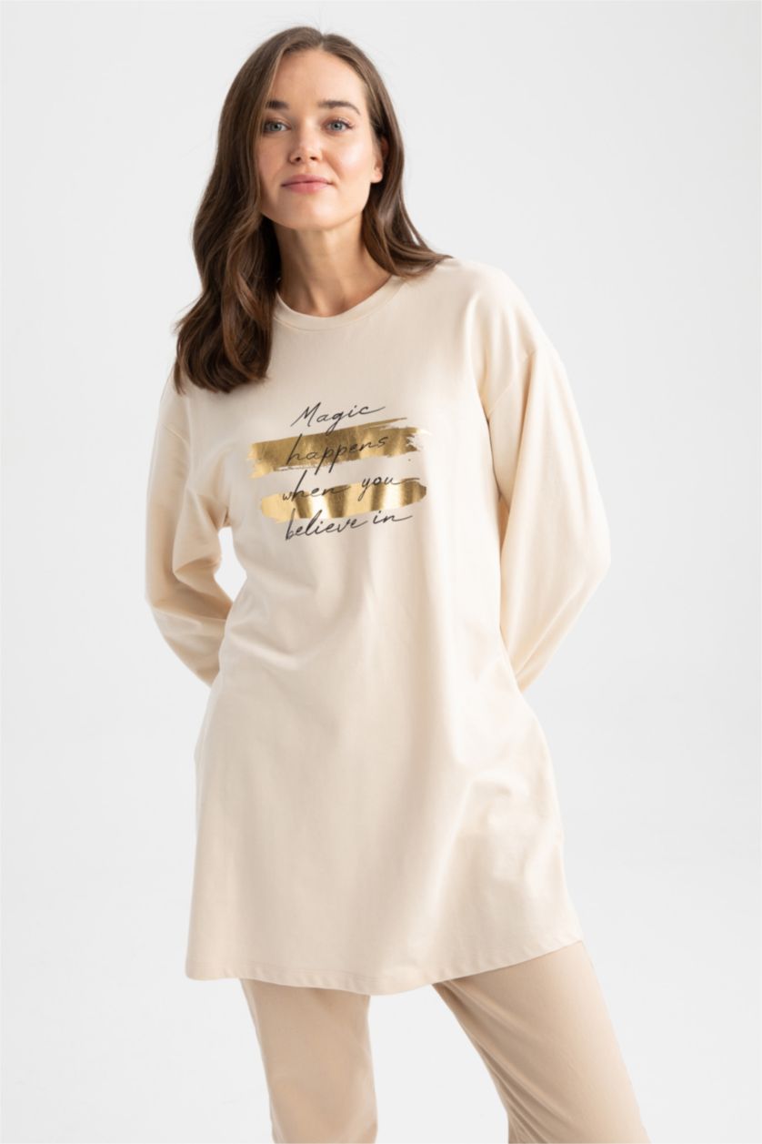 WOMAN Beige Relax Fit Crew Neck Slogan Printed Sweatshirt Tunic
