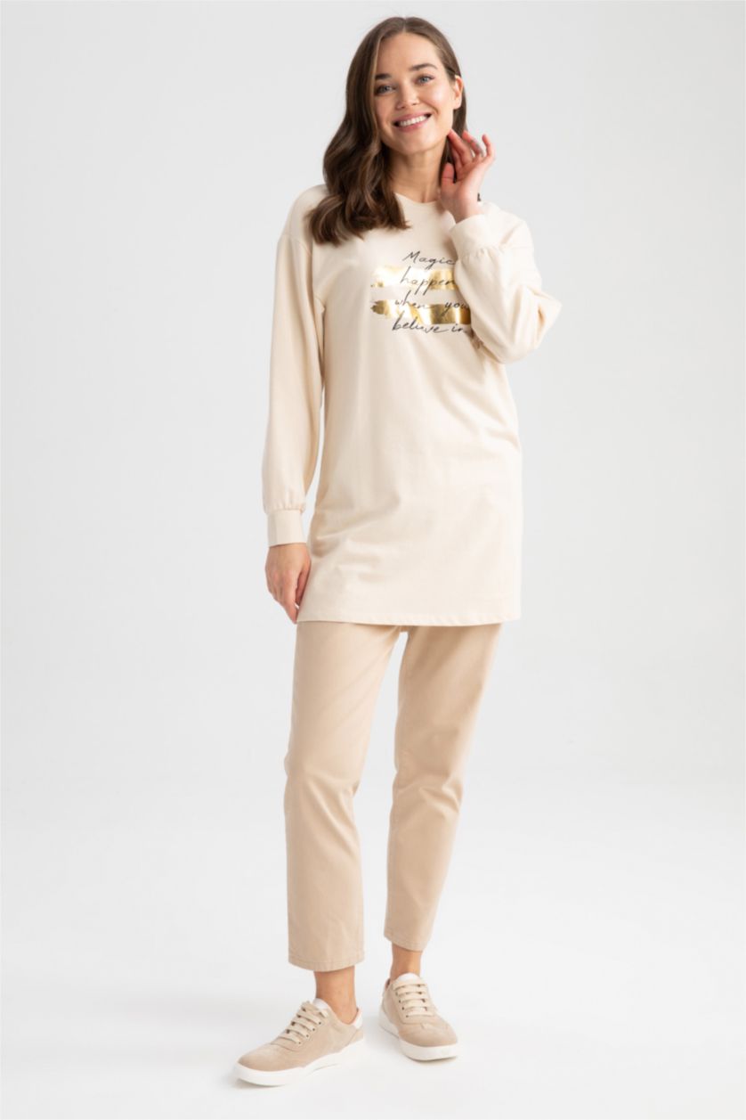 WOMAN Beige Relax Fit Crew Neck Slogan Printed Sweatshirt Tunic