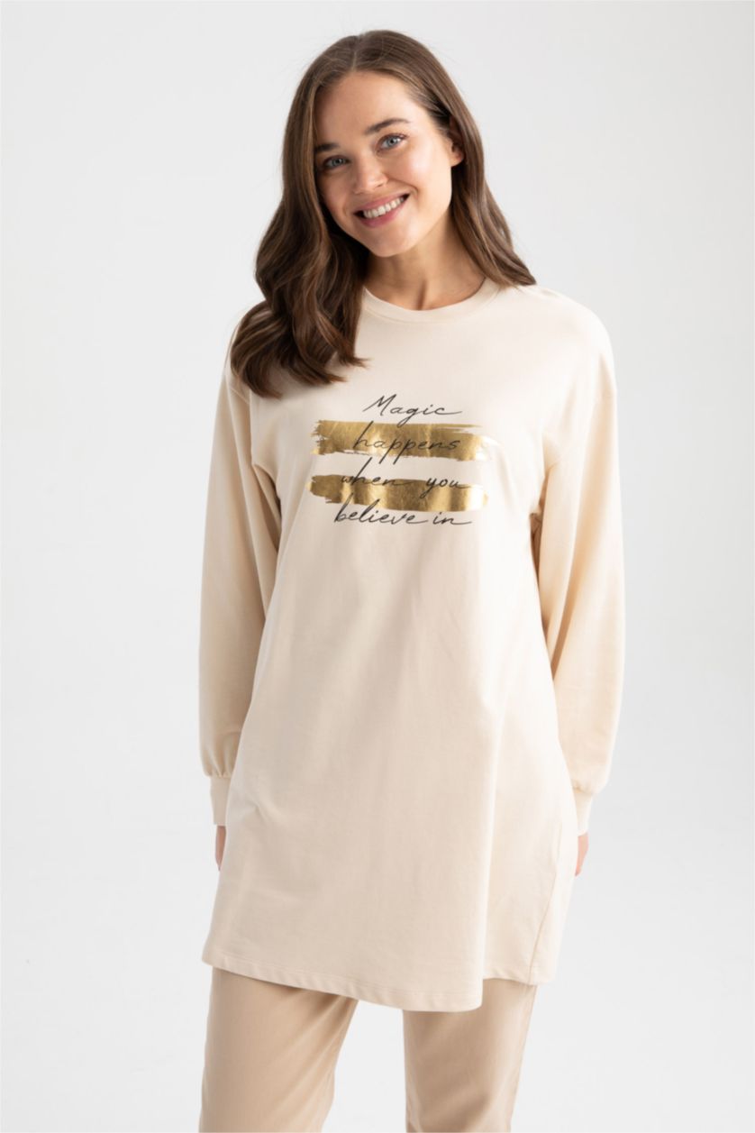 WOMAN Beige Relax Fit Crew Neck Slogan Printed Sweatshirt Tunic