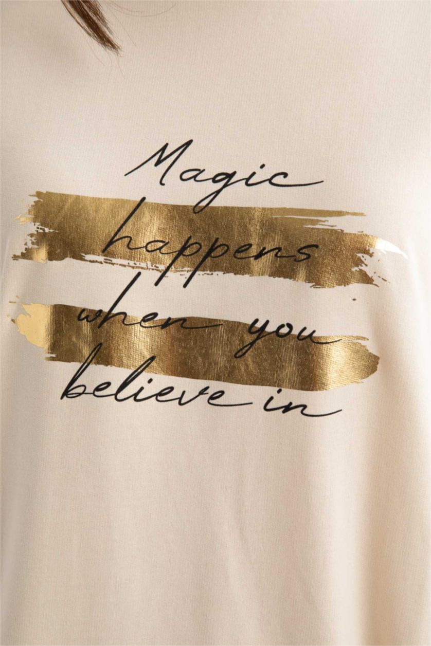 WOMAN Beige Relax Fit Crew Neck Slogan Printed Sweatshirt Tunic