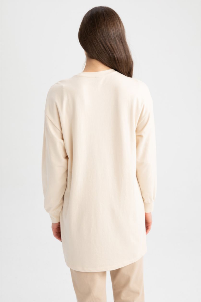 WOMAN Beige Relax Fit Crew Neck Slogan Printed Sweatshirt Tunic