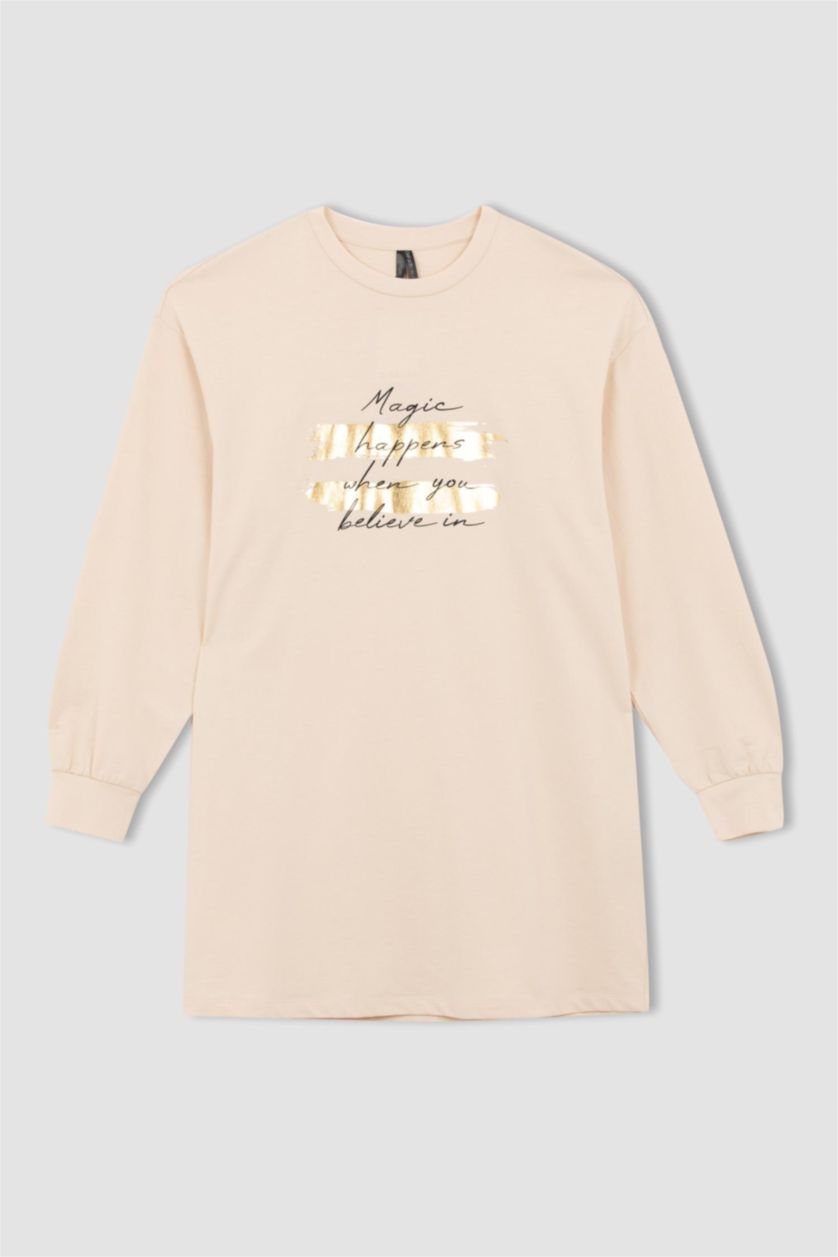 WOMAN Beige Relax Fit Crew Neck Slogan Printed Sweatshirt Tunic
