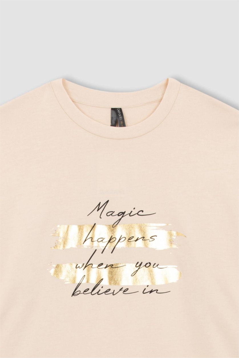 WOMAN Beige Relax Fit Crew Neck Slogan Printed Sweatshirt Tunic