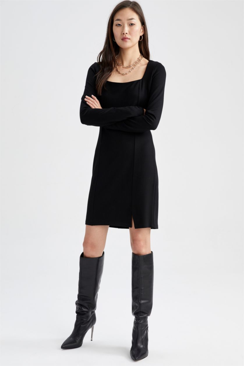 FEMME Noir Mini Robe Slim à col carré et manches longues