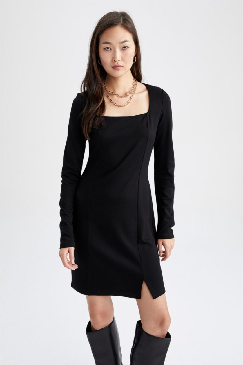 FEMME Noir Mini Robe Slim à col carré et manches longues
