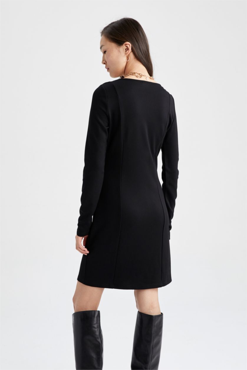 FEMME Noir Mini Robe Slim à col carré et manches longues