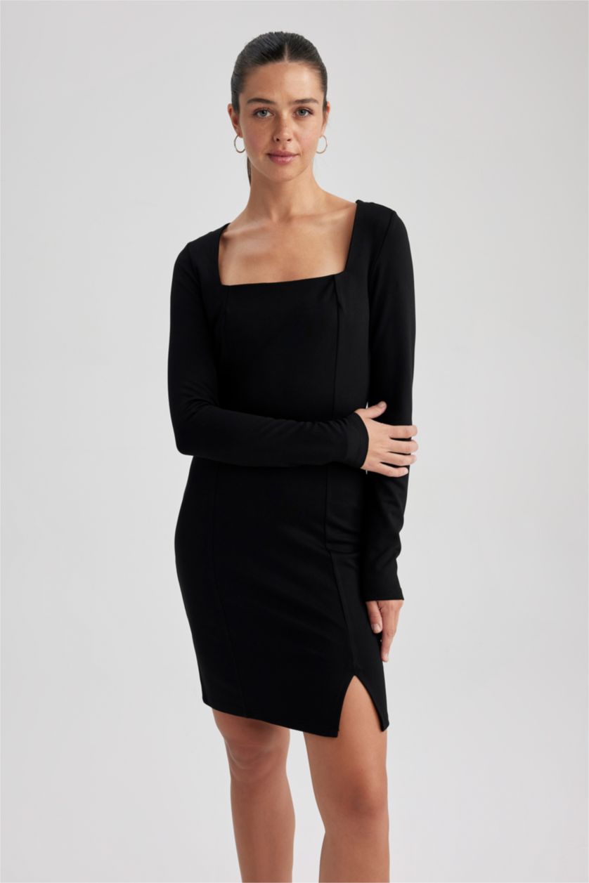 FEMME Noir Robe Mini Col Carré À Manches Longues