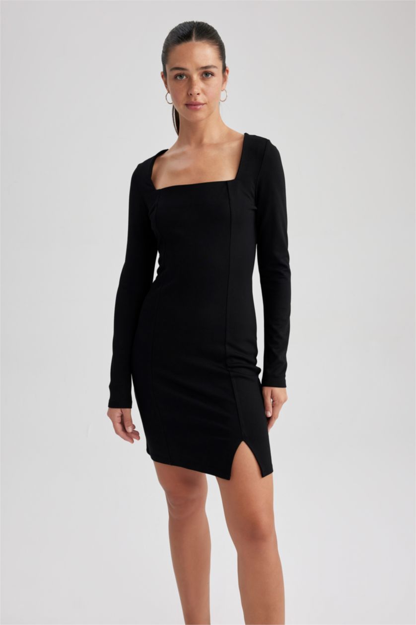 FEMME Noir Robe Mini Col Carré À Manches Longues