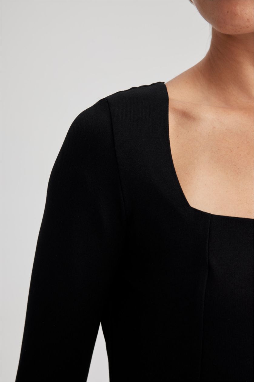 FEMME Noir Robe Mini Col Carré À Manches Longues