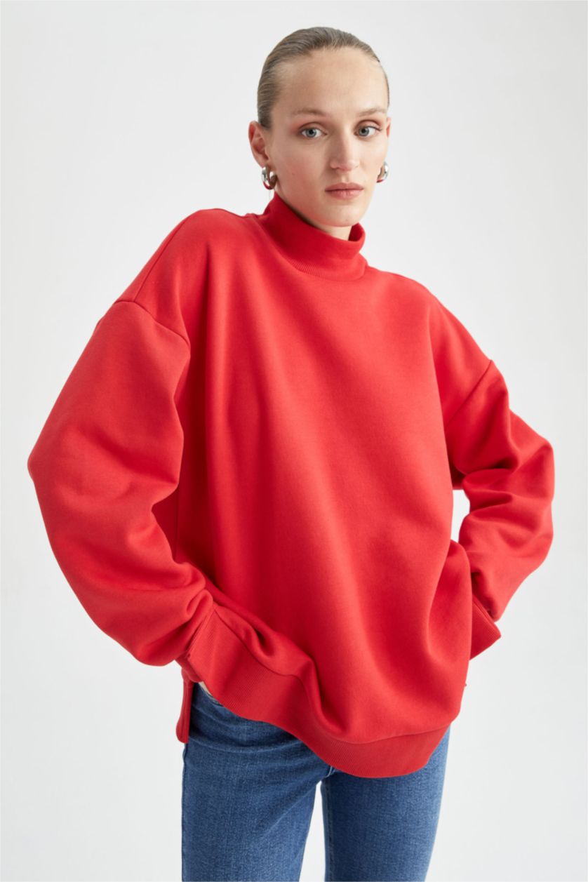 Женщины Красный Свитшот оверсайз с воротником стойкой