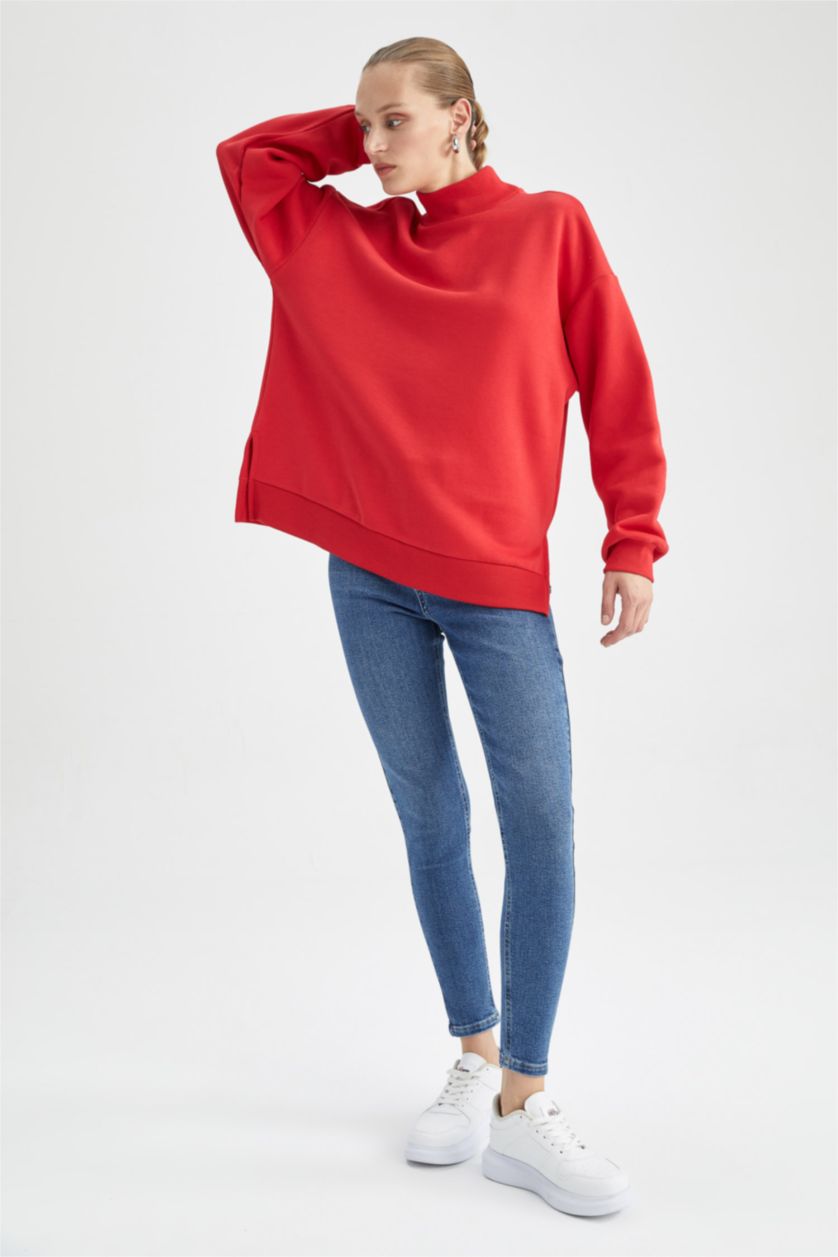 Женщины Красный Свитшот оверсайз с воротником стойкой