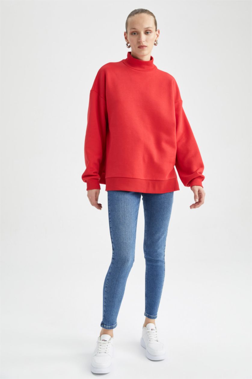 Женщины Красный Свитшот оверсайз с воротником стойкой