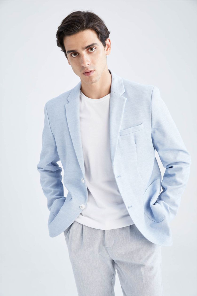 Erkek Açık Mavi Slım Fıt Astarlı Blazer Ceket