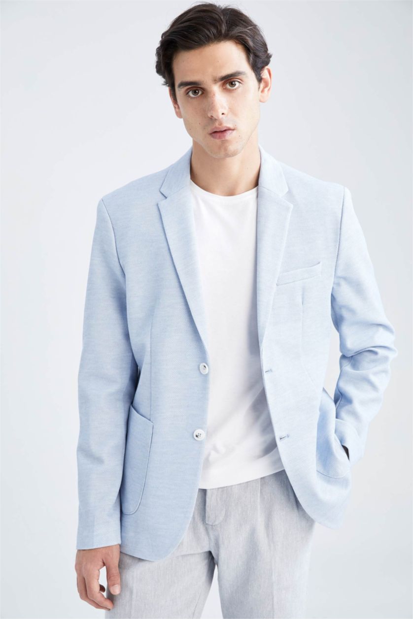 Erkek Açık Mavi Slım Fıt Astarlı Blazer Ceket