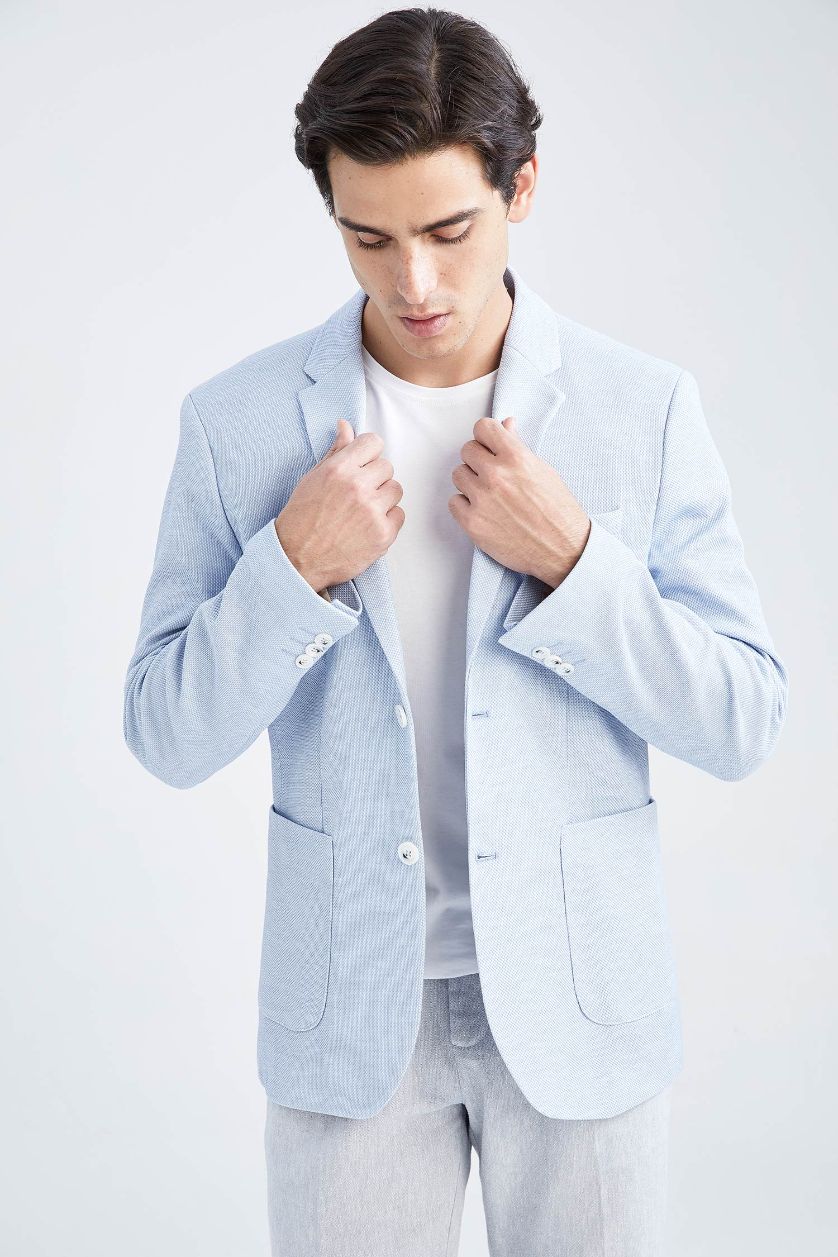 Erkek Açık Mavi Slım Fıt Astarlı Blazer Ceket