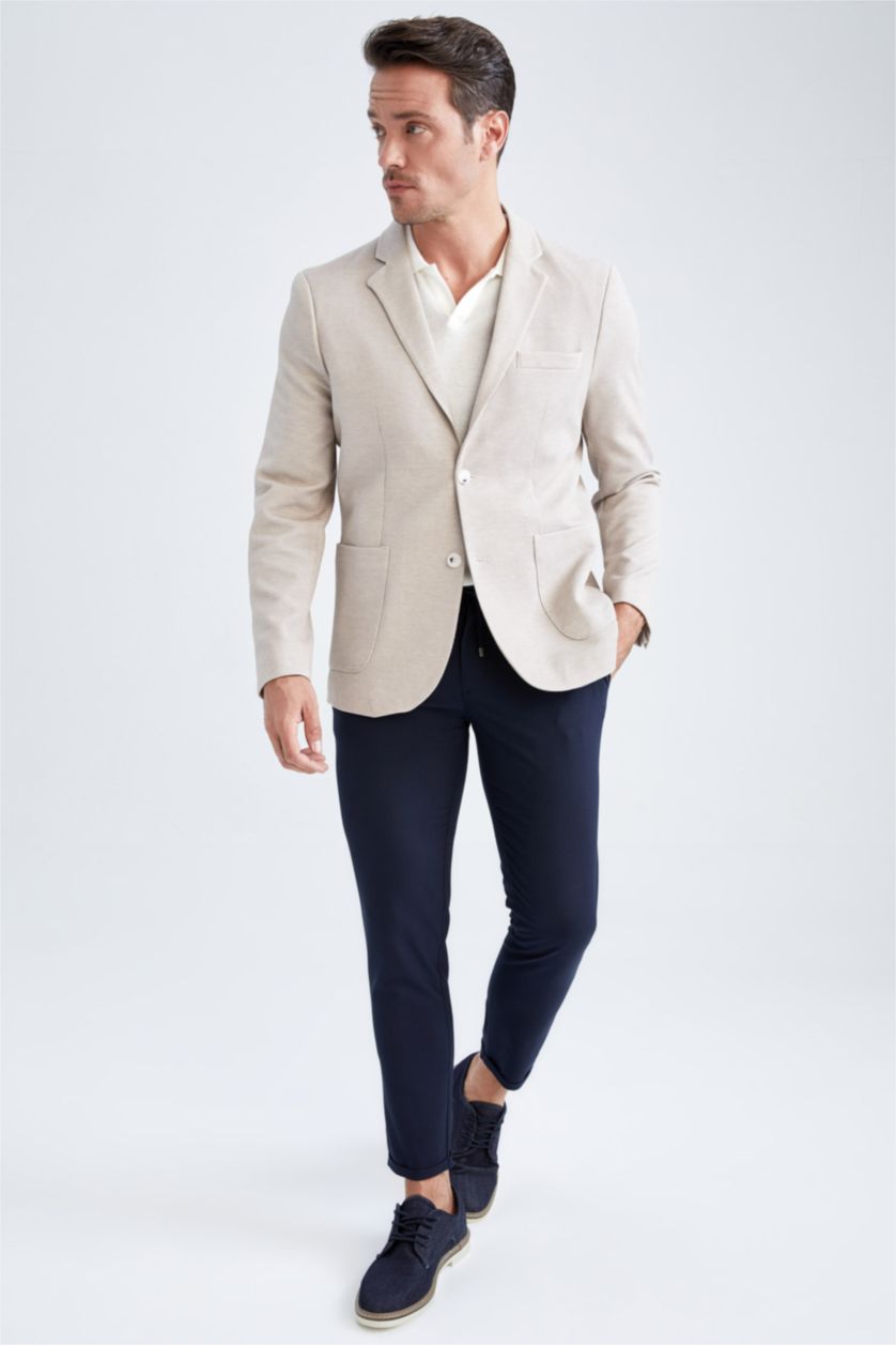 رجال اللون الرملي جاكيت بليزر سليم فيت مبطن