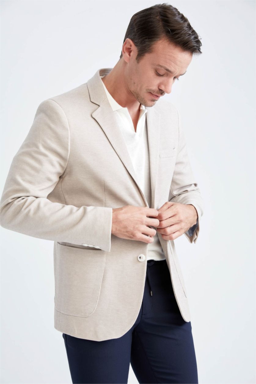 رجال اللون الرملي جاكيت بليزر سليم فيت مبطن