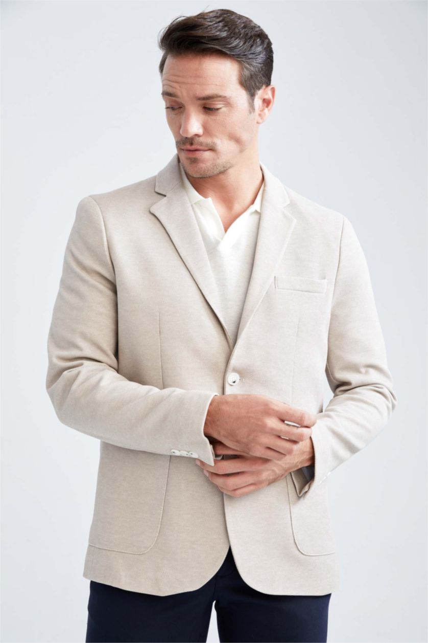 رجال اللون الرملي جاكيت بليزر سليم فيت مبطن