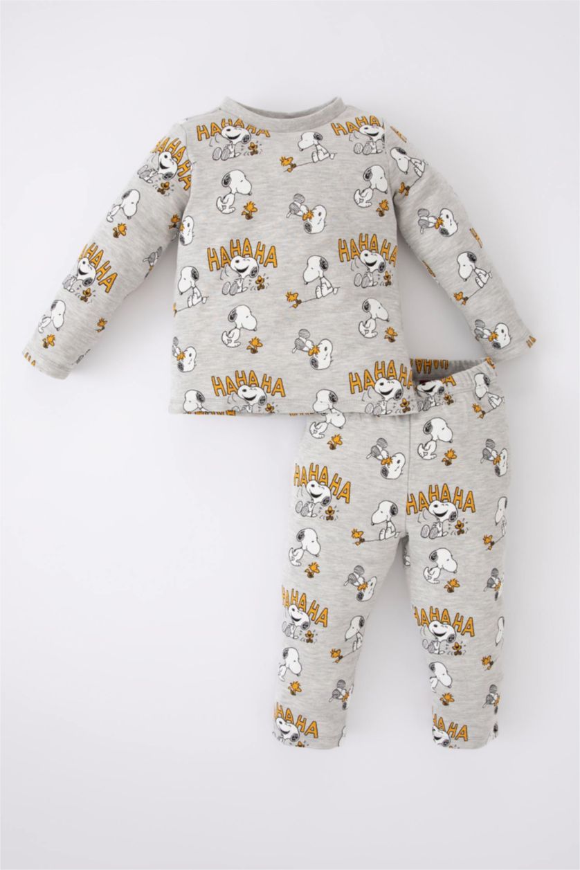 BABY BOY Light Grey Melange 2 piece Regular Fit Crew Neck Snoopy Licensed Knitted Pyjamas