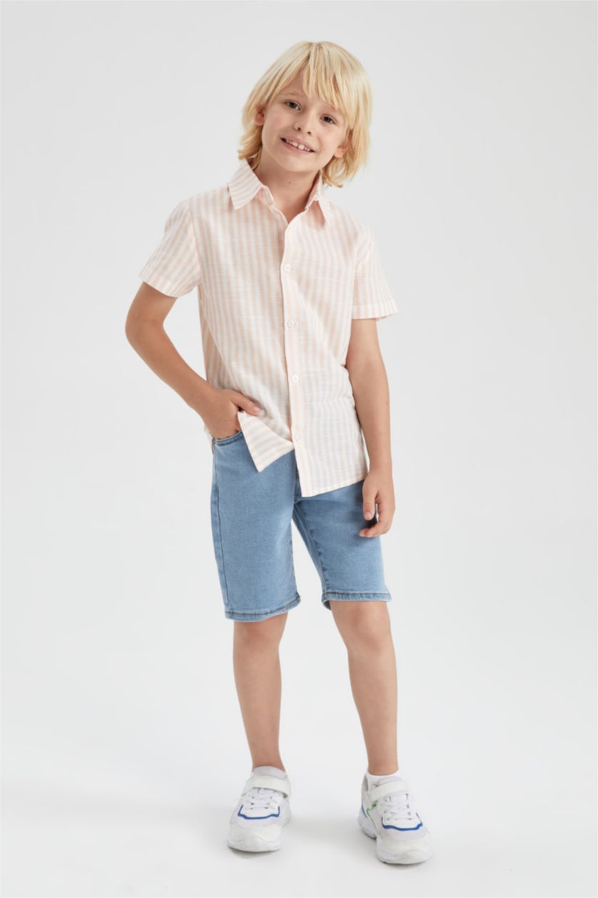 BOYS & TEENS أصفر فاتح Boys Regular Fit Short Sleeve Striped Shirt