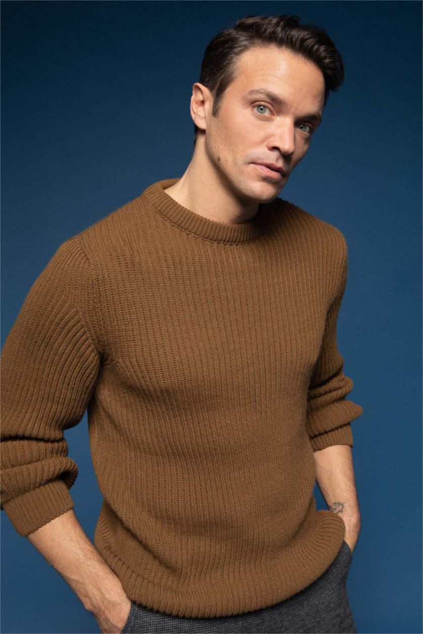 رجال فيزوني بلوز صوف تريكو سليم فيت بياقة مستديرة