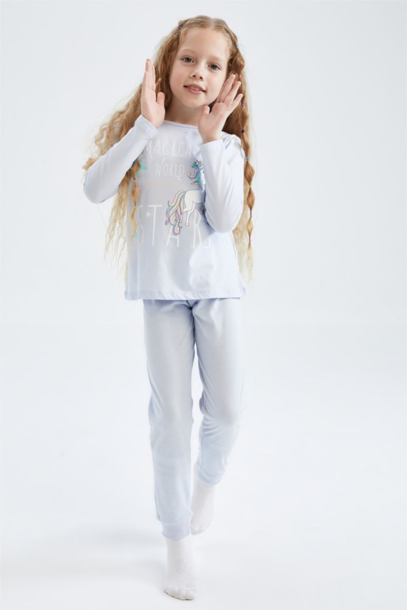 Kız Çocuk - Genç Kız Mavi Kız Çocuk Unicorn Baskılı Uzun Kollu Pijama Takım