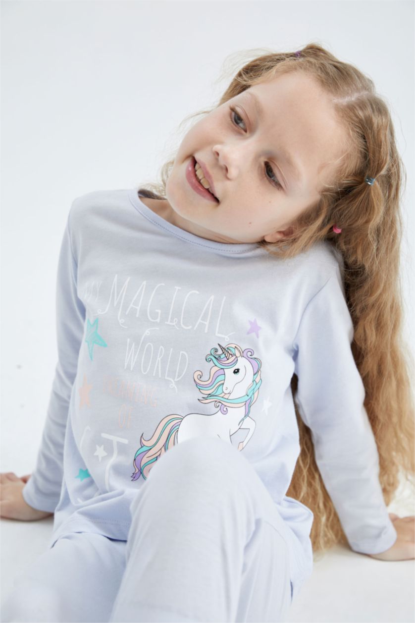 Kız Çocuk - Genç Kız Mavi Kız Çocuk Unicorn Baskılı Uzun Kollu Pijama Takım
