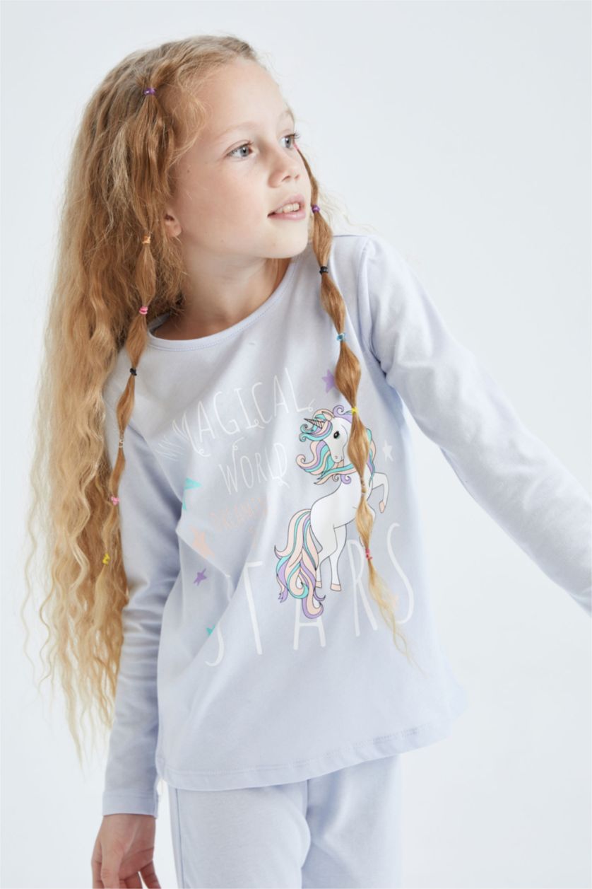 Kız Çocuk - Genç Kız Mavi Kız Çocuk Unicorn Baskılı Uzun Kollu Pijama Takım