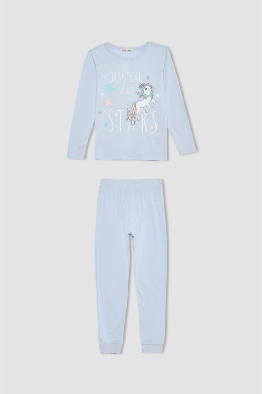 Kız Çocuk - Genç Kız Mavi Kız Çocuk Unicorn Baskılı Uzun Kollu Pijama Takım