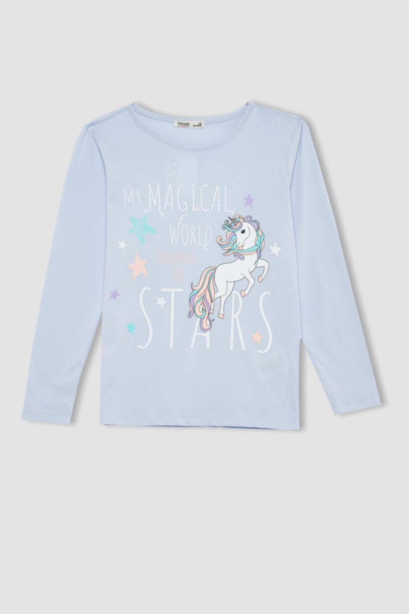 Kız Çocuk - Genç Kız Mavi Kız Çocuk Unicorn Baskılı Uzun Kollu Pijama Takım