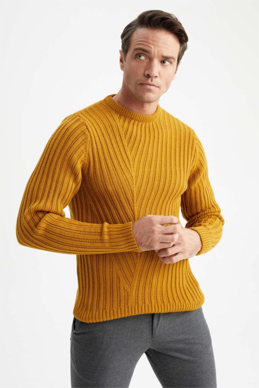 رجال أصفر بلوز صوف سليم فيت بياقة دائرية