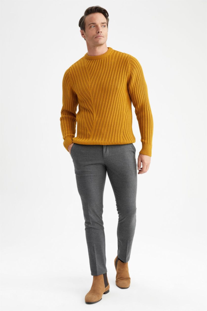 رجال أصفر بلوز صوف سليم فيت بياقة دائرية