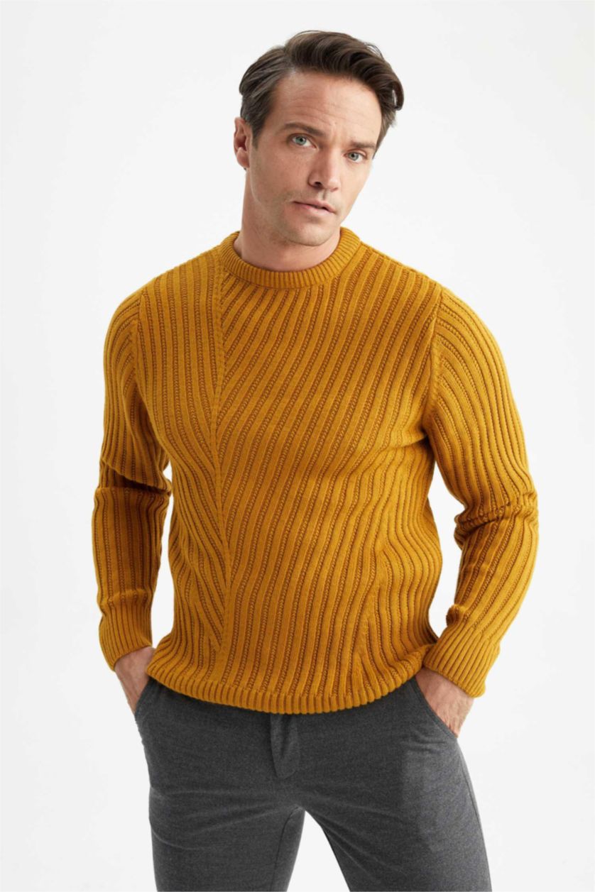 رجال أصفر بلوز صوف سليم فيت بياقة دائرية