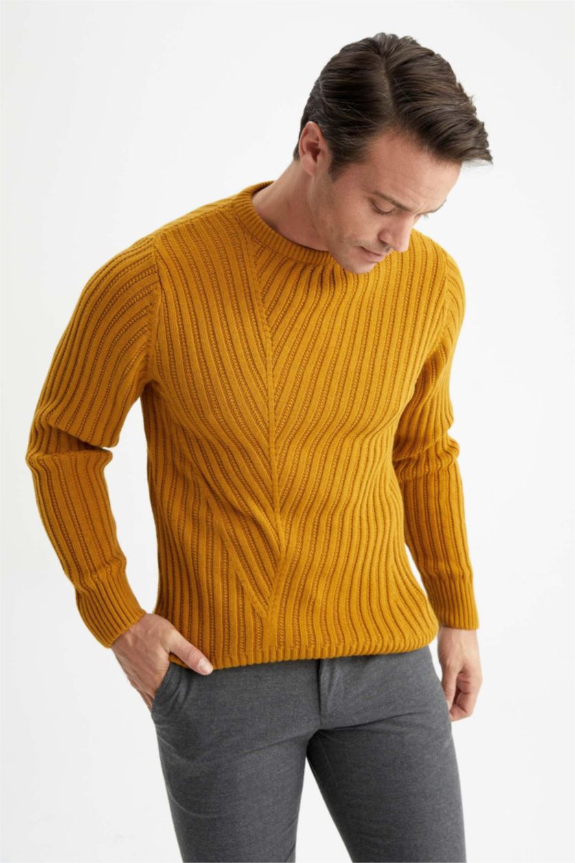 رجال أصفر بلوز صوف سليم فيت بياقة دائرية