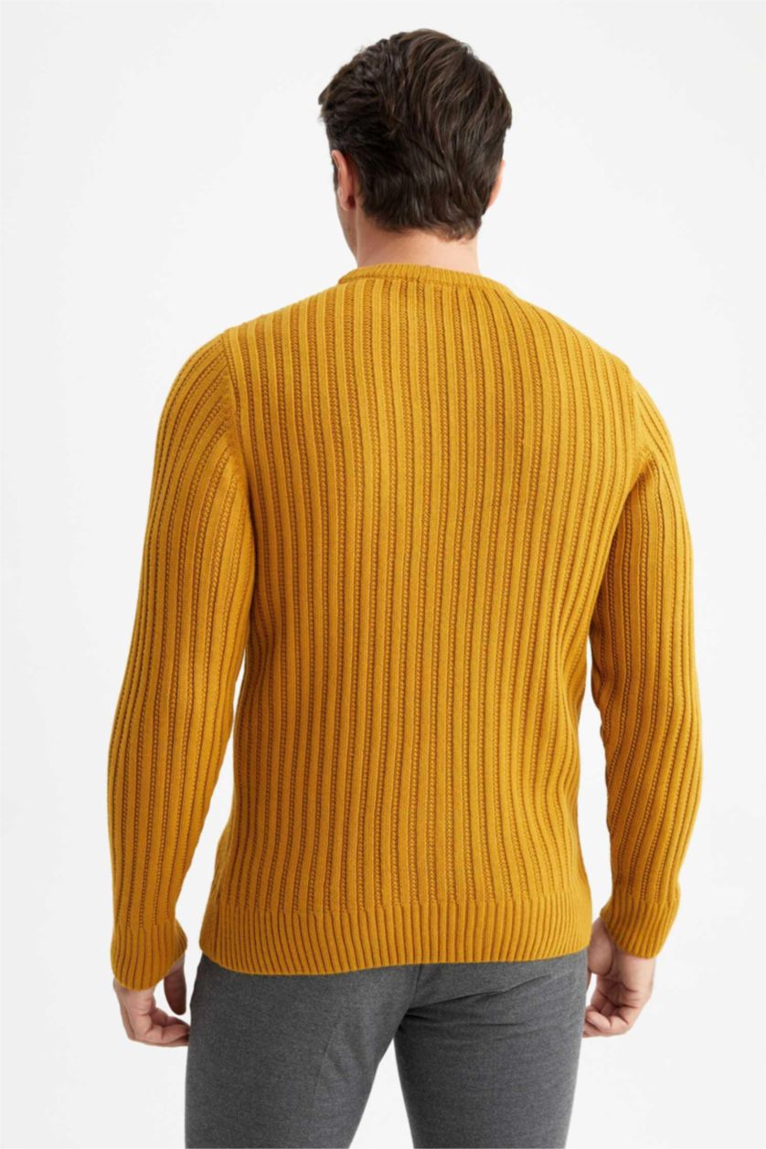 رجال أصفر بلوز صوف سليم فيت بياقة دائرية