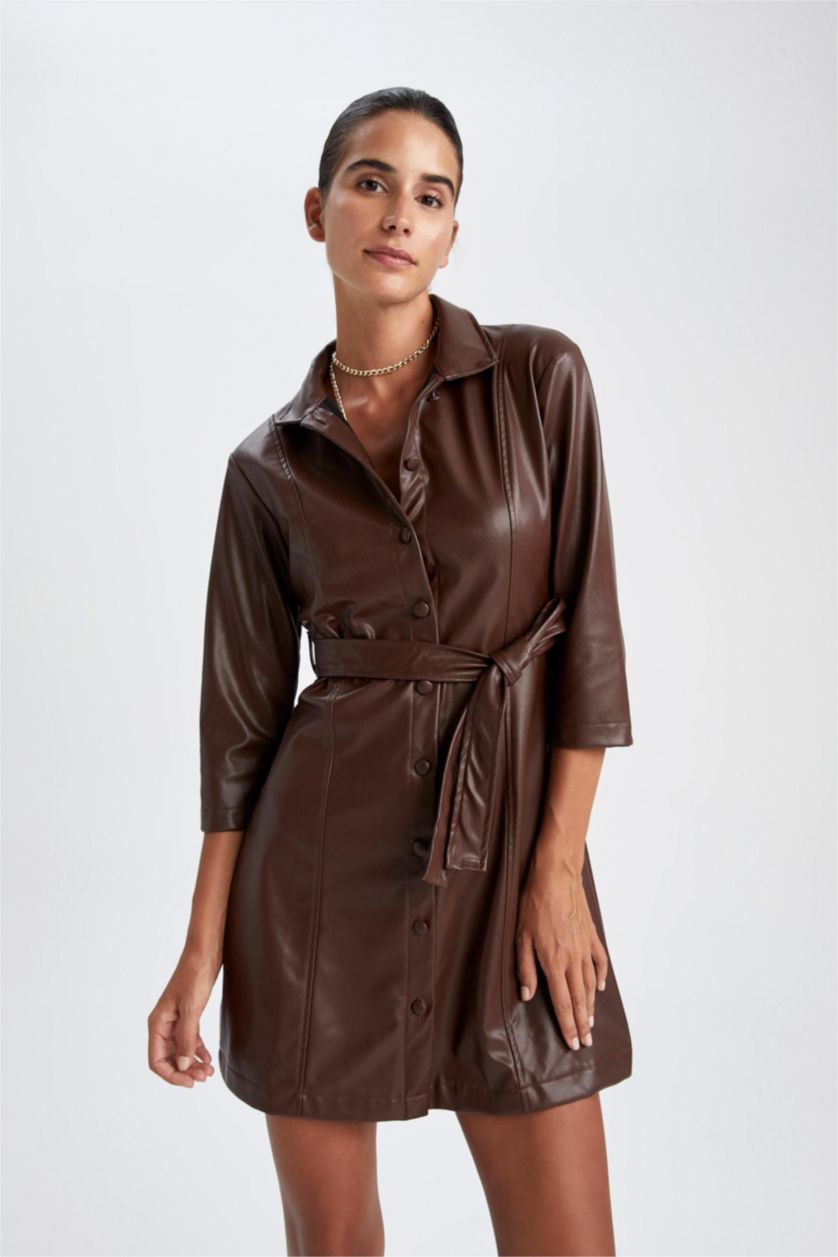 FEMME Marron Robe À Manches Longues En Tricot Très court PU Col De Chemise