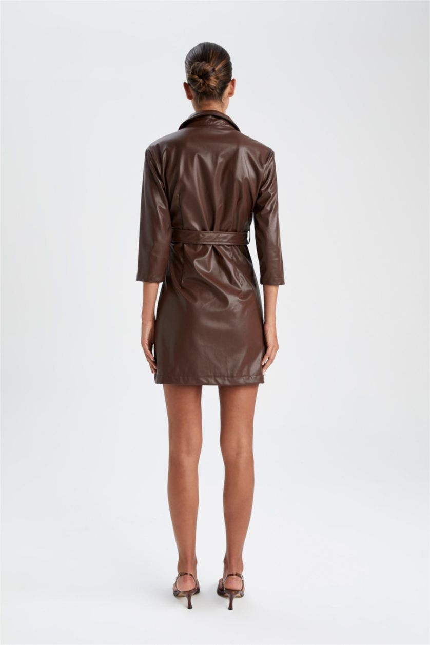 FEMME Marron Robe À Manches Longues En Tricot Très court PU Col De Chemise