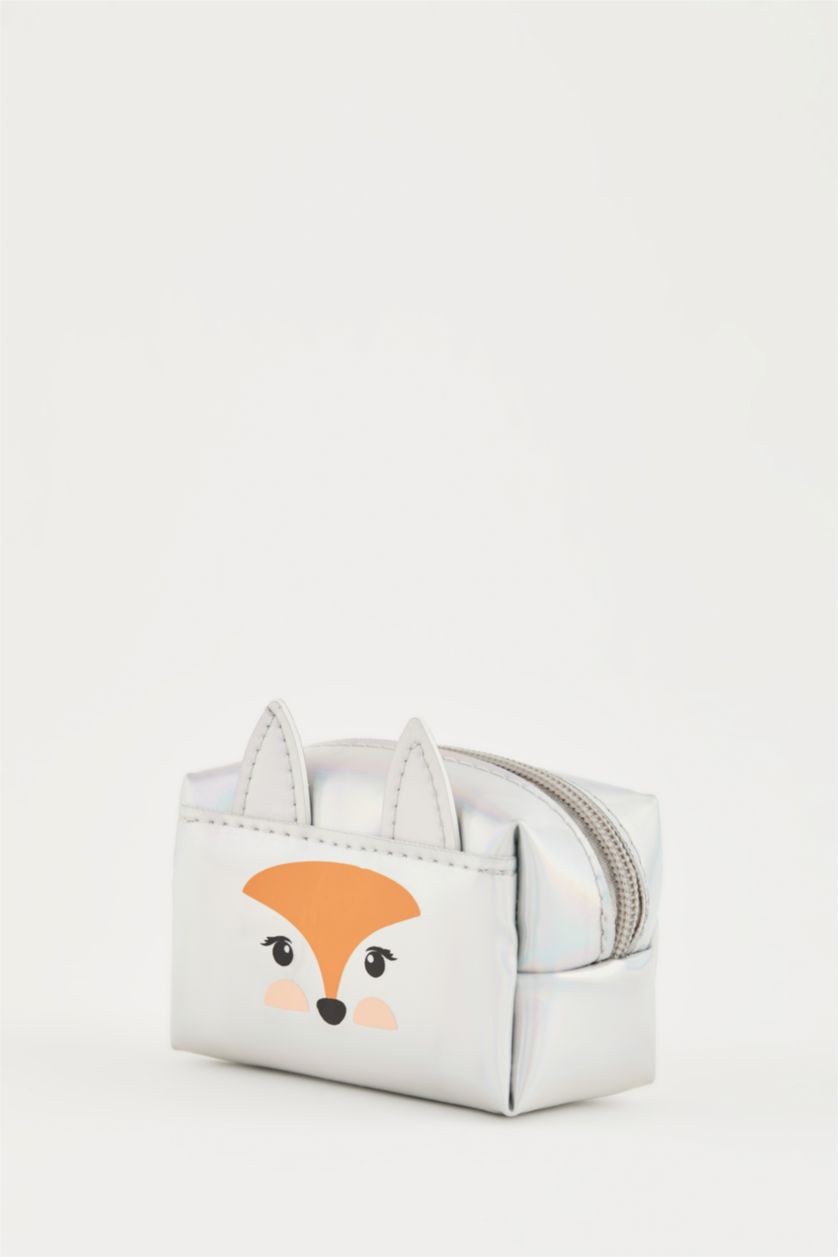 Kadın Gümüş Kadın Tilki Baskılı Fermuarlı Bozuk Para Cüzdanı