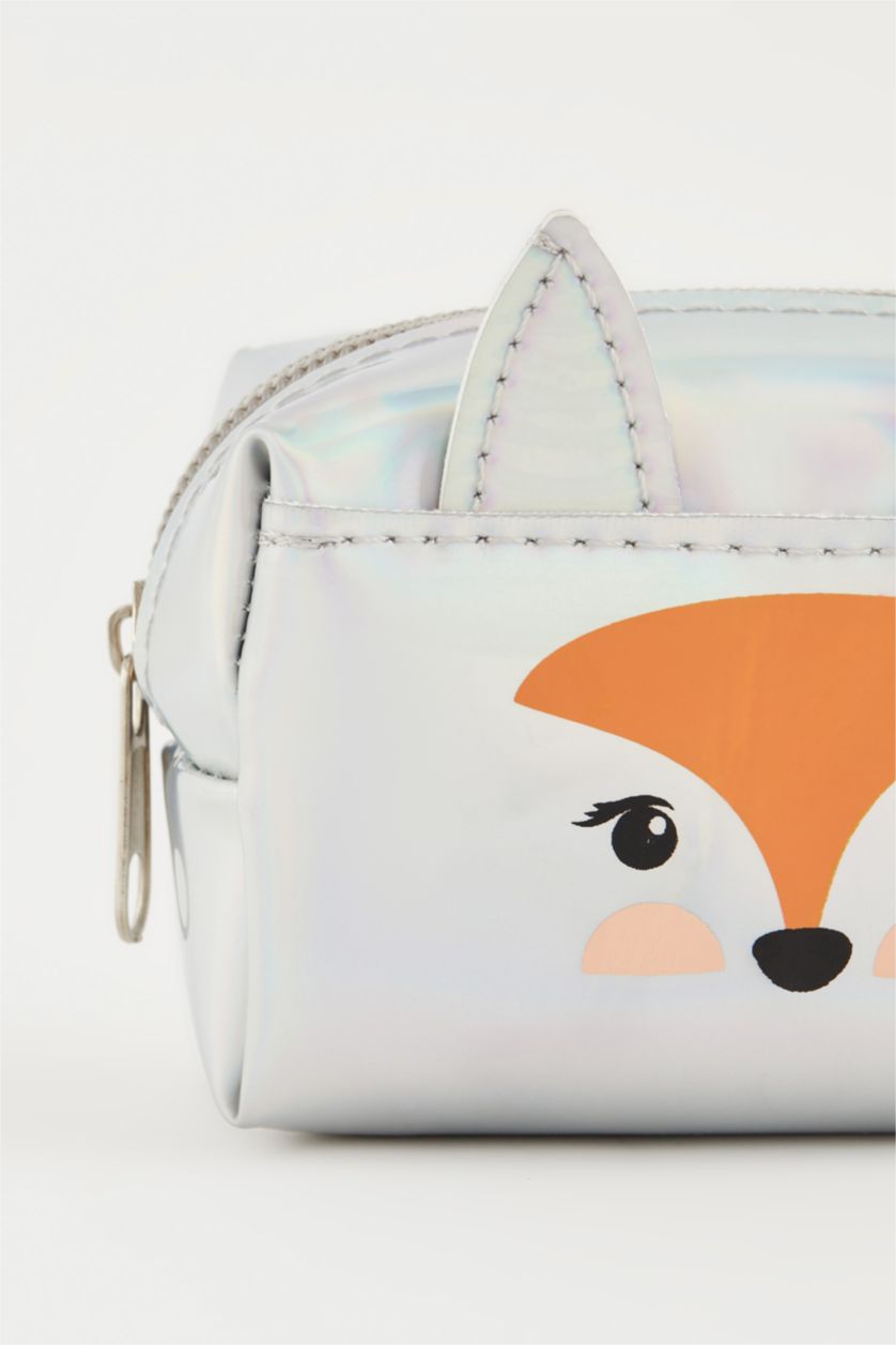 Kadın Gümüş Kadın Tilki Baskılı Fermuarlı Bozuk Para Cüzdanı