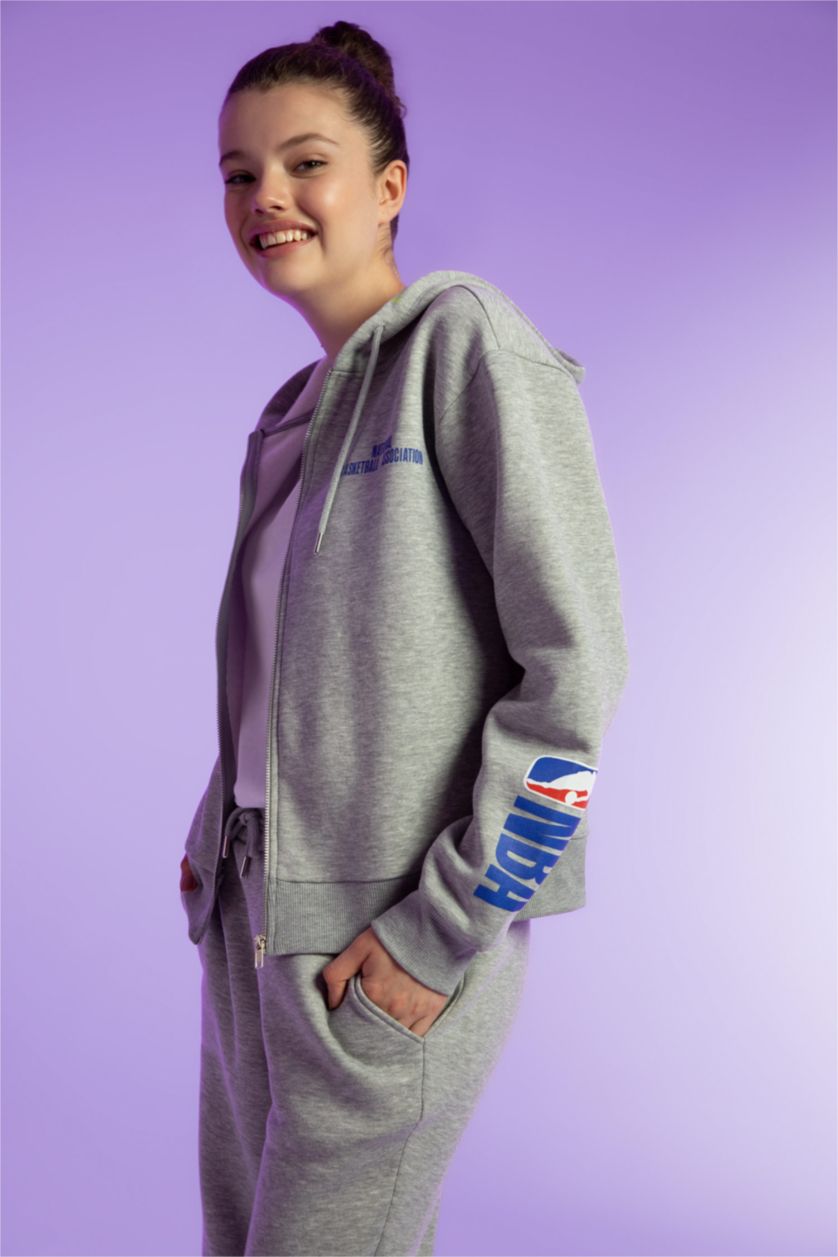 WOMAN Grey Melange DeFactoFit NBA Standard Fit Hooded Cardigan