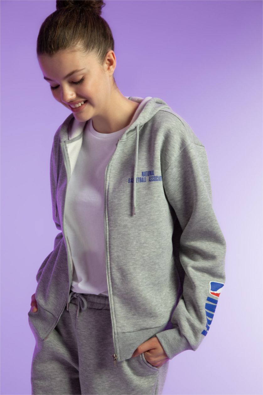 WOMAN Grey Melange DeFactoFit NBA Standard Fit Hooded Cardigan