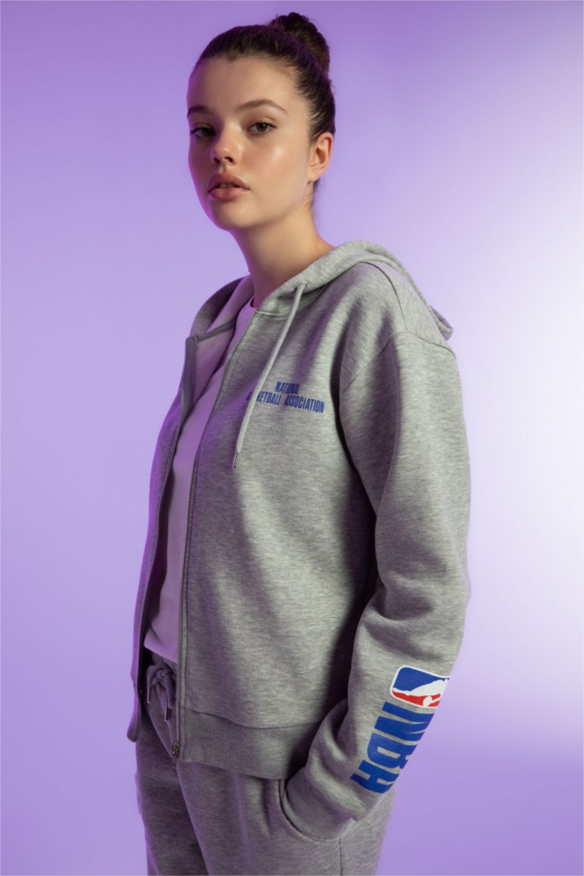 WOMAN Grey Melange DeFactoFit NBA Standard Fit Hooded Cardigan