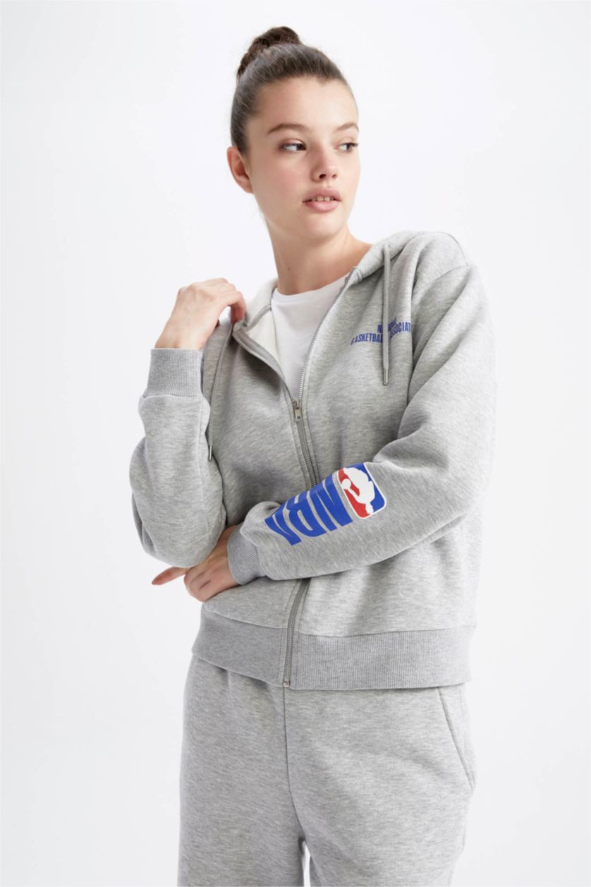 WOMAN Grey Melange DeFactoFit NBA Standard Fit Hooded Cardigan