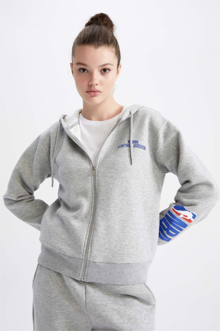 WOMAN Grey Melange DeFactoFit NBA Standard Fit Hooded Cardigan