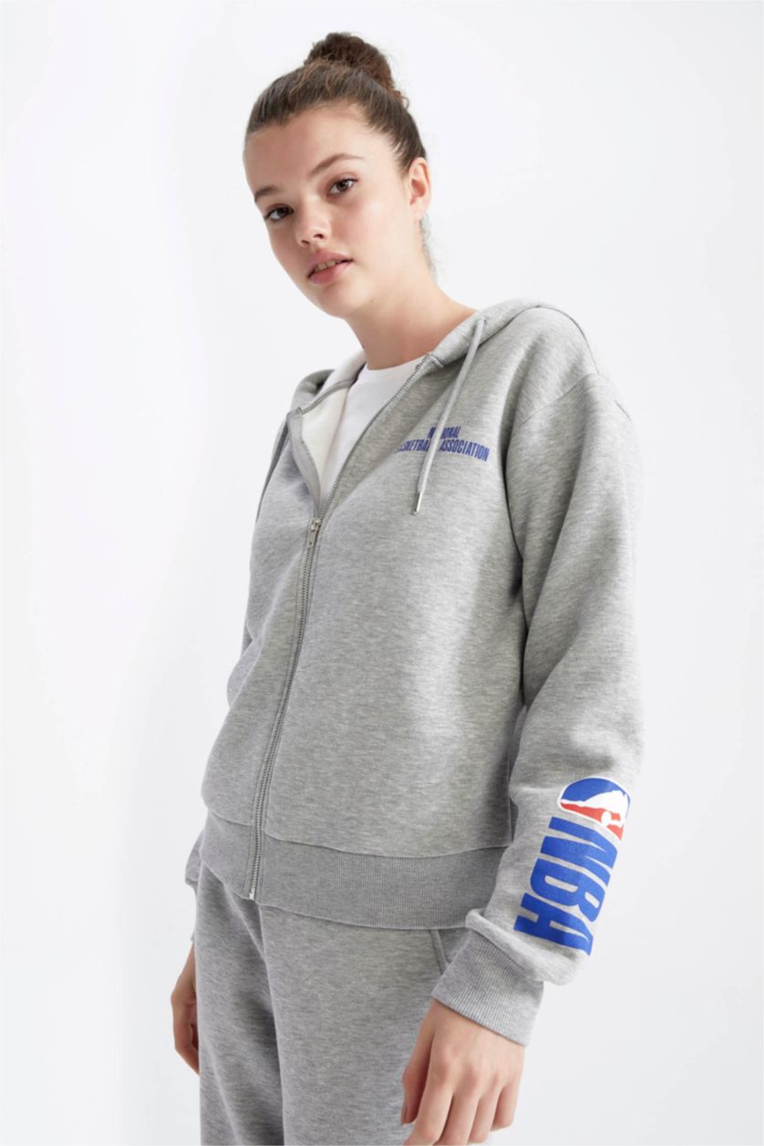 WOMAN Grey Melange DeFactoFit NBA Standard Fit Hooded Cardigan