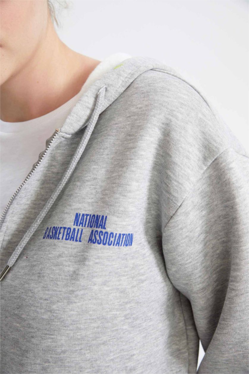 WOMAN Grey Melange DeFactoFit NBA Standard Fit Hooded Cardigan