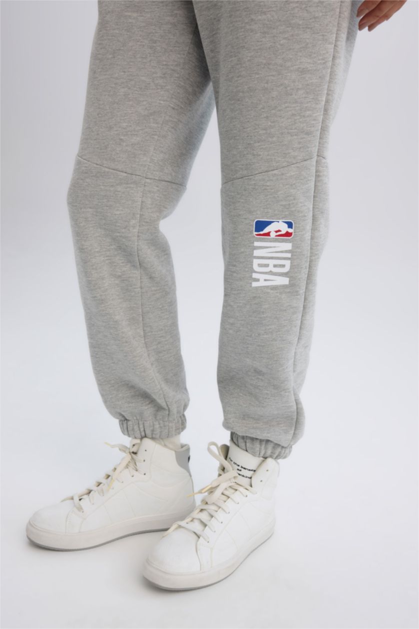 WOMAN Grey Melange DeFactoFit Standard Fit NBA Wordmark Sweatpants with Pockets