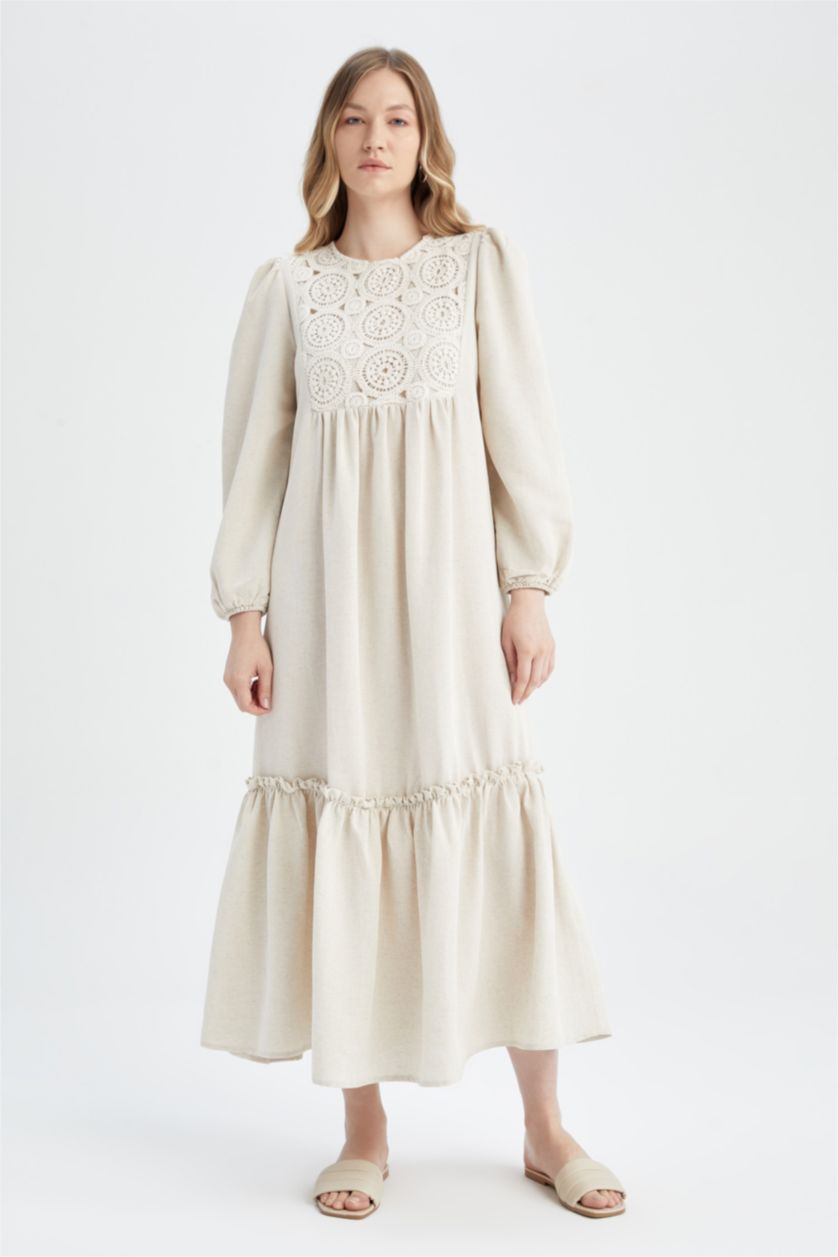 FEMME Beige Robe Tissée À Manches Longues Lin Mélangé Col arrondi